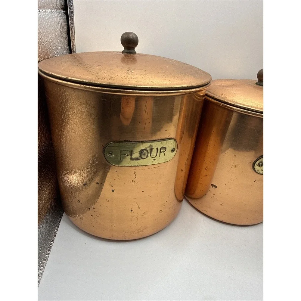 MCM Copper & Brass Vintage Canisters Patina Nesting Set 4 Flour/Sugar/Coffee/Tea